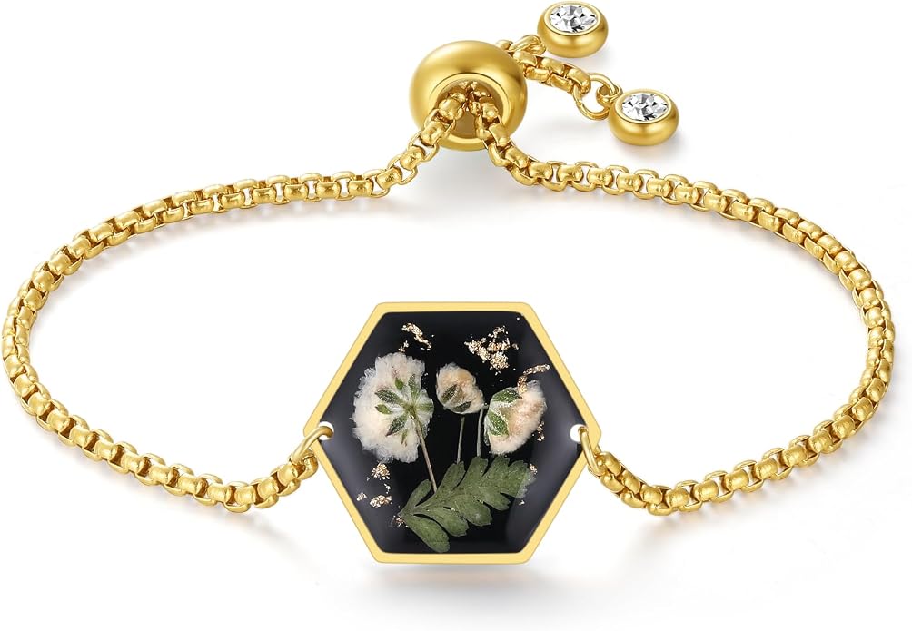 AUNTESIGN Forget-Me-Not Pressed Wildflower Bracelet | Pressed Flower Bracelet | Gold/Silver Pressed Flower Jewelry | Personalized Handmade Jewelry | Gift For Women