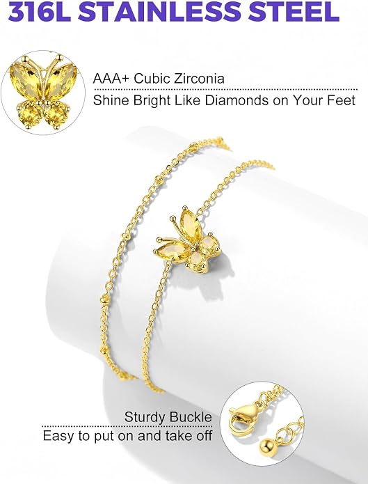 Richsteel Double Layer Heart/Butterfly Birthstone Anklet for Women Non Tarnish Waterproof, Silver/Gold/Black Stainless Steel 8.5-10.5 Inch Adjustable Chain Anklets Jewelry Gifts for Her