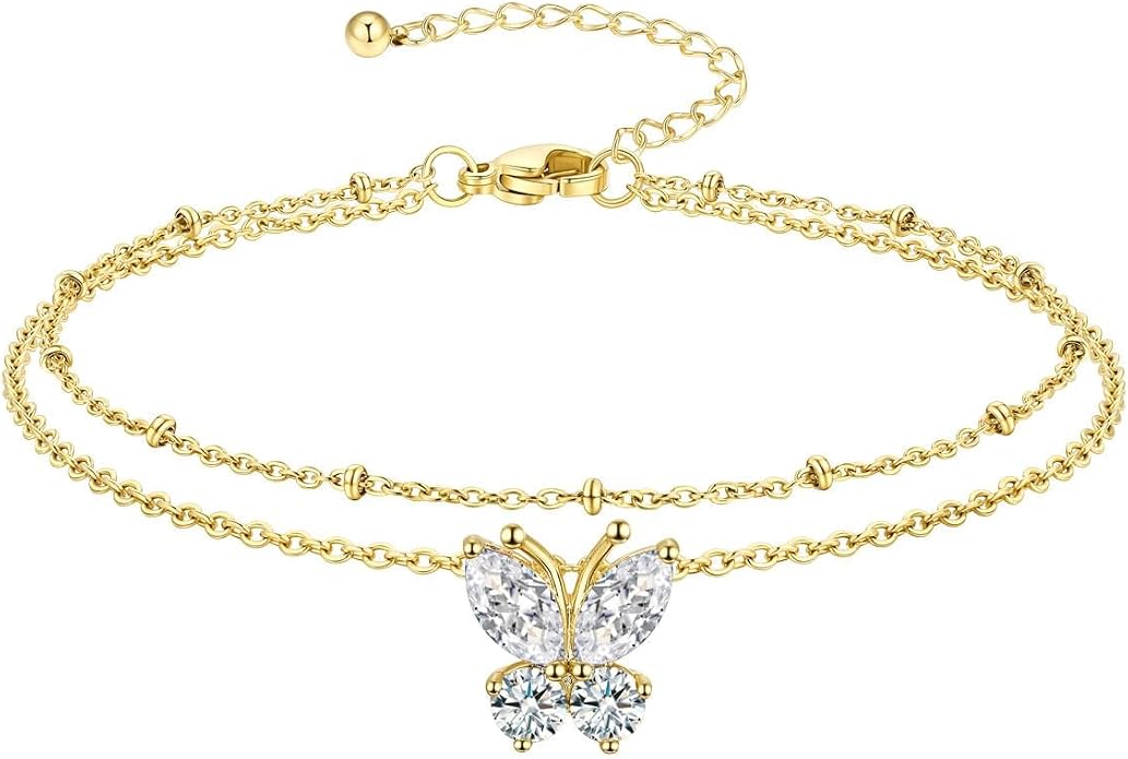 Richsteel Double Layer Heart/Butterfly Birthstone Anklet for Women Non Tarnish Waterproof, Silver/Gold/Black Stainless Steel 8.5-10.5 Inch Adjustable Chain Anklets Jewelry Gifts for Her