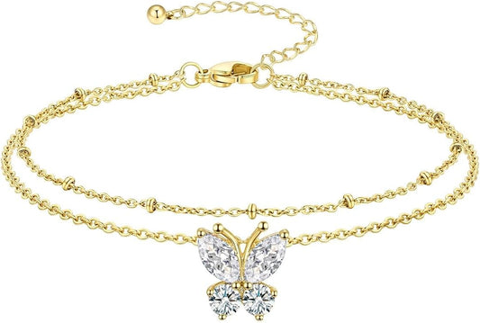 Richsteel Double Layer Heart/Butterfly Birthstone Anklet for Women Non Tarnish Waterproof, Silver/Gold/Black Stainless Steel 8.5-10.5 Inch Adjustable Chain Anklets Jewelry Gifts for Her