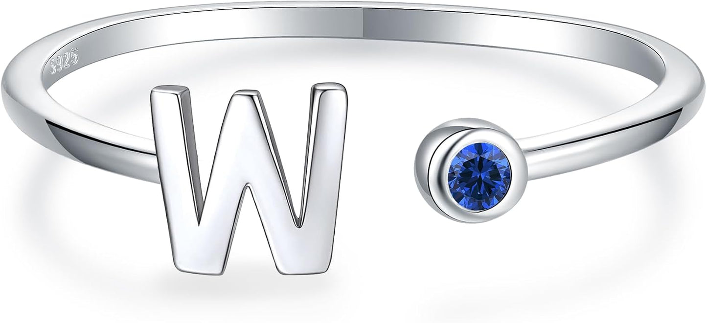 925 Sterling Silver Initial Letter Birthstone Rings for Women Adjustable 1-12 Month Birthstone Alphabet Stacking Ring for Teens Girls Stackable Birthstone Rings Birthday Jewelry Gift for Daughter Mom