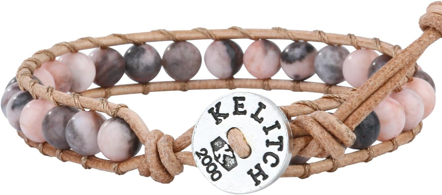 KELITCH Turquoise Mix Beaded Bracelets Single Wrap Bracelet on Brown Leather Handwoven New Jewelry