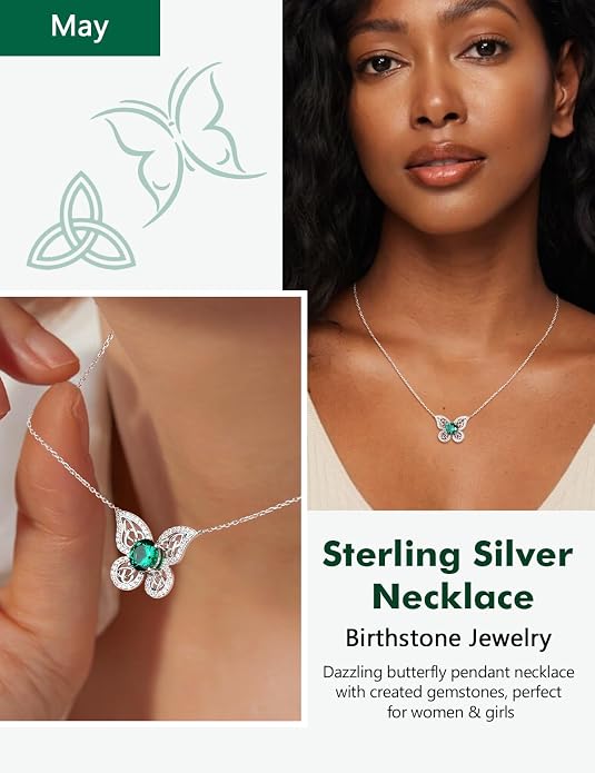 925 Sterling Silver Birthstone Necklaces for Women, Dainty Cute Dragonfly/Butterfly Pendant Necklace, Great Christmas/Anniversary Jewelry for Mother