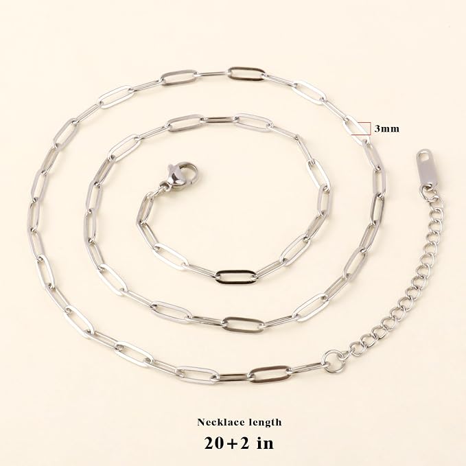 10PCS Paperclip Chains Necklace Bulk 3MM 20 Inches Stainless Steel Finished Paperclip Link Chain Bulk forJewelry Making