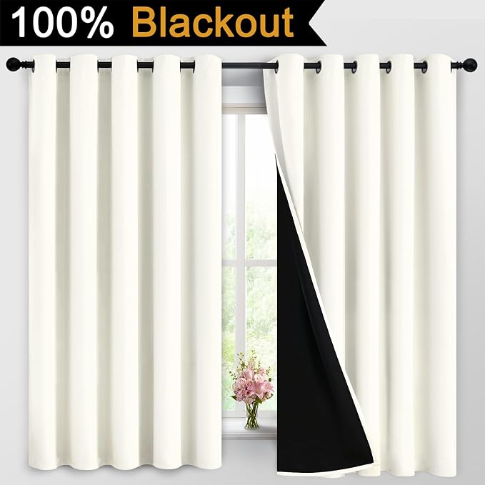 Yakamok Cream 100% Blackout Curtains 63 Inches Long for Bedroom 62" Wide | Blackout Curtain Panels for Bedroom, 2 Thick Layers Grommet Top Thermal Insulated Drapes with Black Liner for Living Room