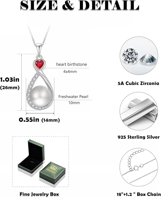 Heart Birthstone Pearl Pendant Necklace, 925 Sterling Silver Infinity Necklace with 10mm Freshwater Cultured Pearl & 4mm Gemstone Jewelry for Women