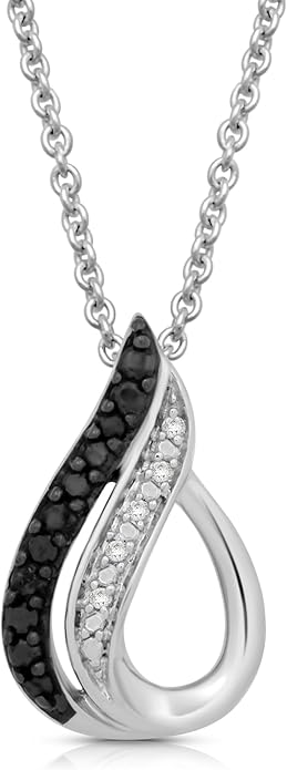 Jewelili Sterling Silver Drop Pendant Necklace | Black and White Round Diamonds | 18" Rolo Chain| Gift Box Included | Timeless Fashion Jewelry