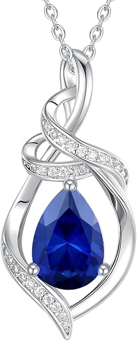 FANCIME Teardrop Birthstone Necklace for Women S925 Sterling Silver Elegant Ribbon Pendent Necklace Birthday Jewelry Gifts for Mom Wife Her, 16"+2" Inches