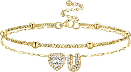 Bestyle Initial Anklet Bracelets for Women Waterproof Non Tarnish 14K Gold/White Gold Plated CZ Anklets for Women Dainty Layered Letter Heart Ankle Bracelets Adjustable Foot Chain Anklet