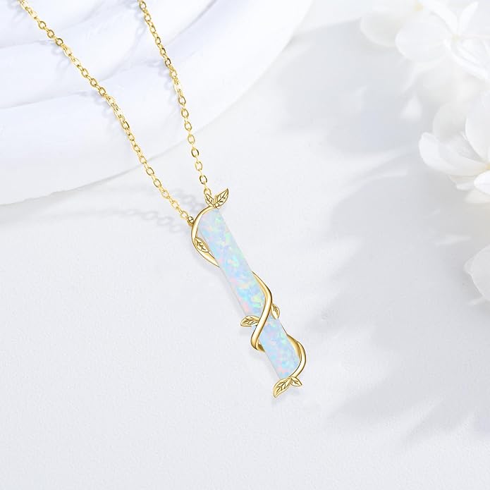 Bar Opal Leaf Necklace For Women S925 Sterling Silver White Opal Pendant with Leaf Charm Bar Pendant Jewelry Gift For Mom Daughter Wife