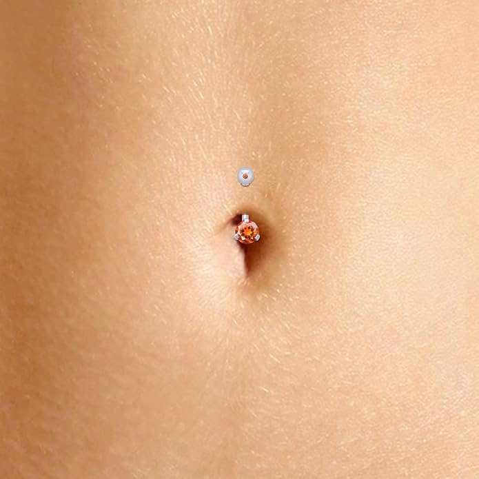 AFFY Internally Threaded Belly Button Navel Ring for Women, Three-Prong Round Simulated Birthstone in 14K Gold Over 925 Sterling Silver, Body Piercing Jewelry Gift