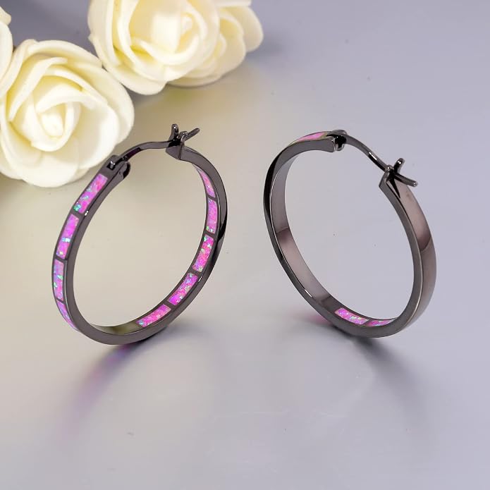 CiNily Opal Hoop Earrings,Women Jewelry Rhodium Plated/Rose Gold or Yellow Gold Plated Gemstone Big Hoop Earrings 32mm