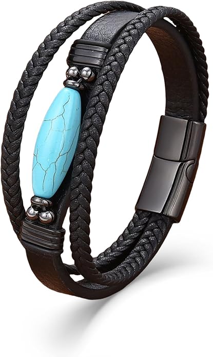 Mens Turquoise/Lapis Lazuli/Tiger Eye/Black Agate/Obsidian Leather Braided Bracelets for Father's Day/Birthdays/Graduation Jewelry Wristband Cuff Bracelet with Stainless Steel Clasp