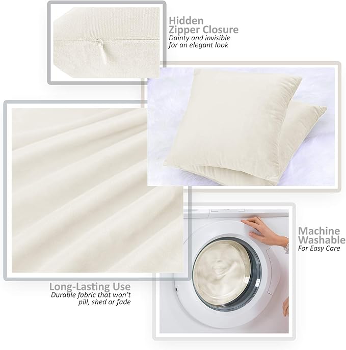 Nestl Throw Pillow Covers, Cozy Velvet Decorative Outdoor Pillow Covers 16 x 16 Inches, Soft Solid Cushion Covers for Sofa, Bed and Car, Set of 4 - Off White