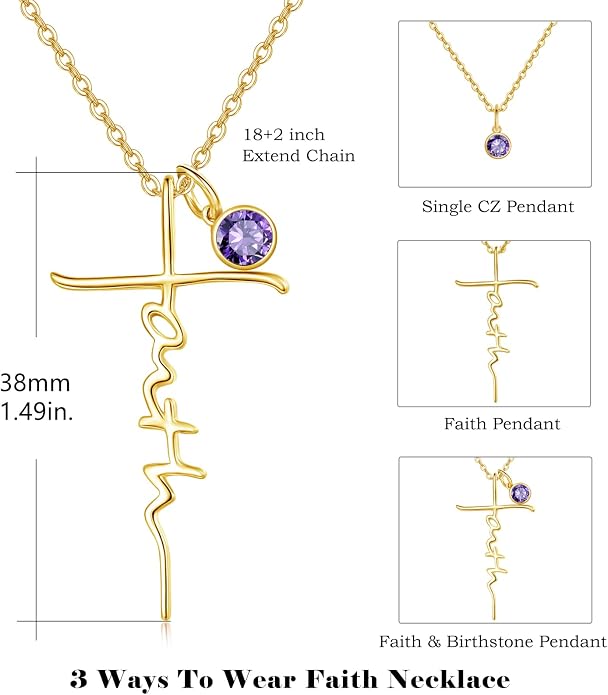 PRAYMOS Faith Cross Necklace for Women 925 Sterling Silver Pendant Necklace With Birthstone Initial Christian Religious Confirmation Baptism Mothers Day Gifts