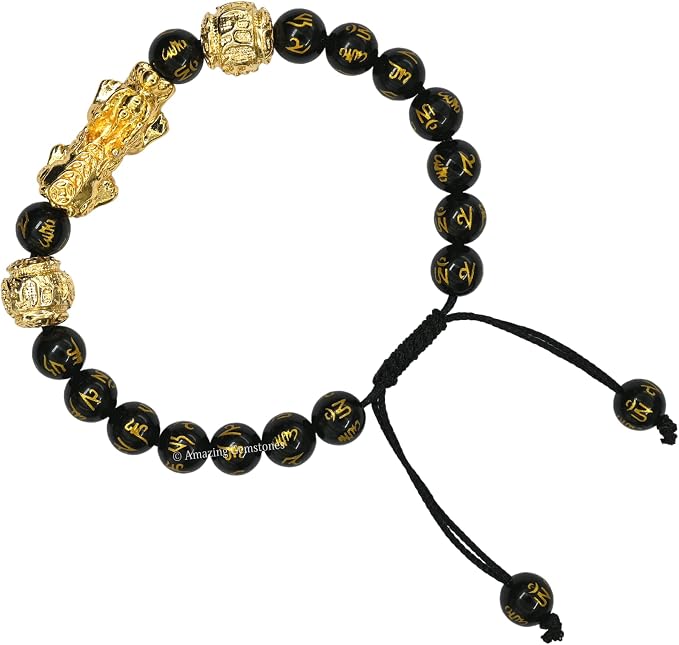 Amazing Gemstone Black Obsidian Pixiu Bracelet for Women Men's Gifts - Protection Healing Crystal Bracelet - 8mm Gemstone Beaded Adjustable Bracelet Pulseras para Hombres Mujer Stocking Stuffers