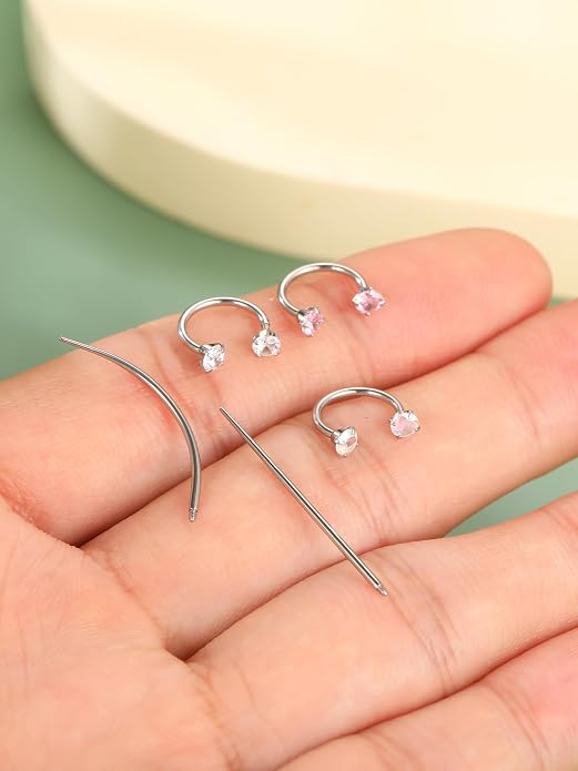 Oveta 18G Horseshoe Nose Rings for Women, 16G 20G Surgical Steel Nose Ring Hoop 6/8/10/12mm, Internally Threaded Tragus Cartilage Helix Earrings Silver/Gold, 3mm CZ