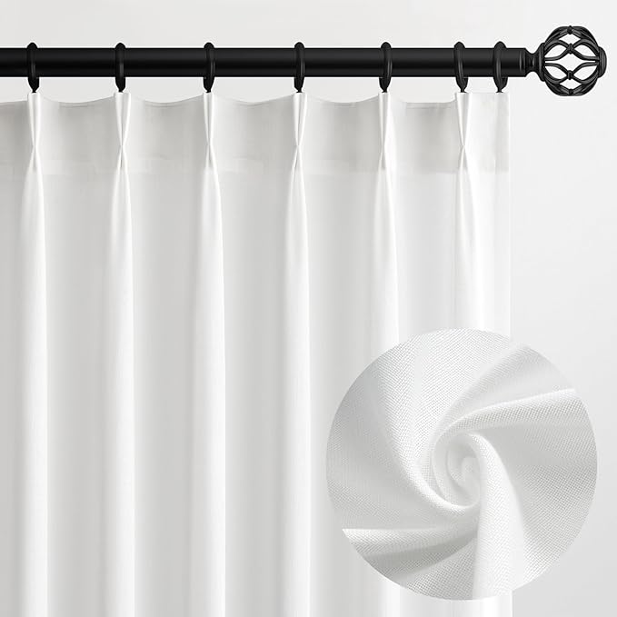 Topfinel White Pinch Pleat Linen Curtains for Bedroom 90 Inches Long 2 Panel Set,Light Filtering Semi Sheer Privacy Bright Bohemian Gothic Decor Floor Length Curtains for Living Room 90 Length