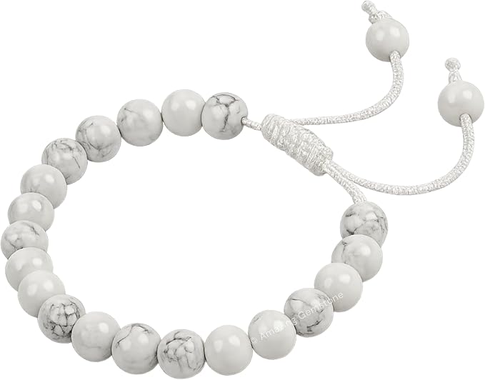 Amazing Gemstone Howlite Bracelet, Gifts for Men & Women - Protection Healing Crystal Bracelet - 8mm Gemstone Beaded Adjustable Bracelet, Pulseras para Hombres Mujer Stocking Stuffers