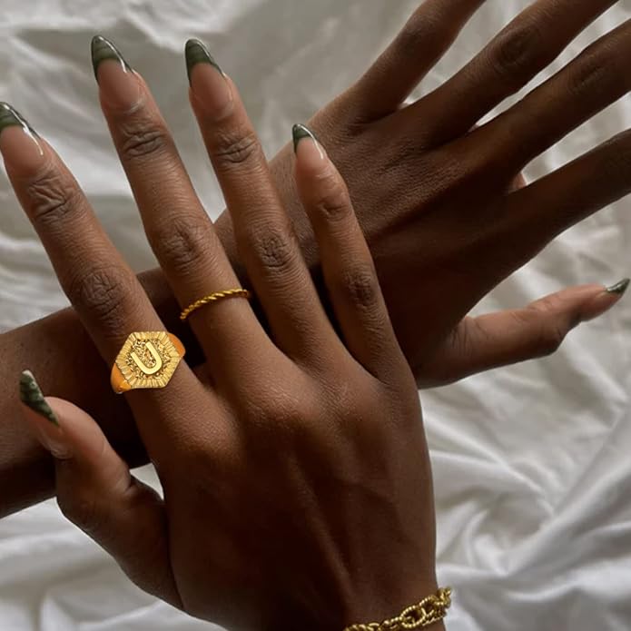 KeyStyle Bold Initial Letter Rings Adjustable, GoldChic Jewelry Women Gold Statement Ring Personalized Engraved Women’s Open Signet Ring for Party (Gold, White Gold, Black)