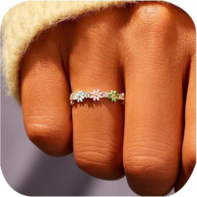 Small Multicolor Floral Daisy Ring for Women Elegant Everyday Style Comfort Fit Sunflower Enamel Ring Tiny Flower Ring Friendship Gift Cubic Zirconia Silver Stacking Bride Bridesmaid Band Ring Size 6