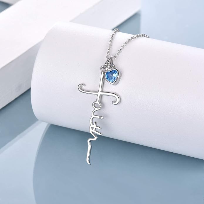 Faith Cross Necklace For Women Birthstone Sterling Silver with Simulated Birthstone Cross Jewelry Christian Gifts