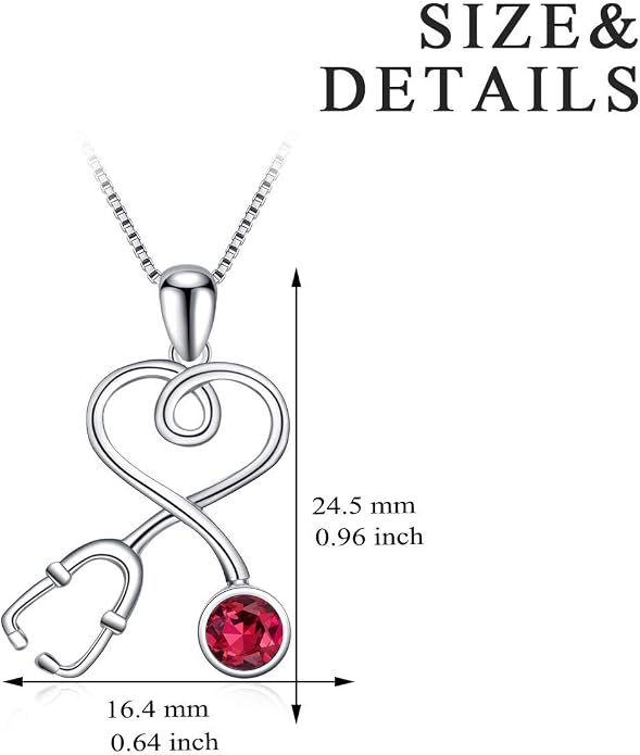AOBOCO Stethoscope Necklace 925 Sterling Silver Embellished with 12 Months Birthstone Crystals from Austria, Graduation Gifts Medical Jewelry for Doctor Nurse Medical Student RN