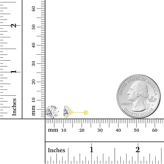 Solid 14k Yellow Gold Hypoallergenic AAA Cubic Zirconia Solitaire Screw Back Stud Earrings Secure Screw On Backs, 3mm-7mm