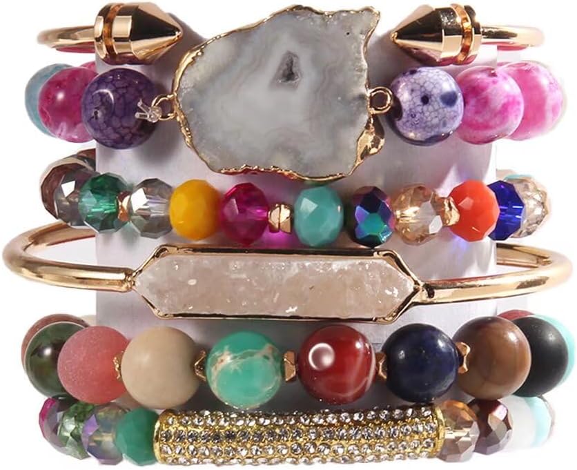 Yomisa 5PCS 6PCS Natural Boho Beaded Bracelets/Bangle for Women Men,Healing Turquoise Jasper Agate Crystal Gemstone Stone Chakra Multilayer Wrap Bohemian Handmade Jewelry Beads Stretch Bracelet Set
