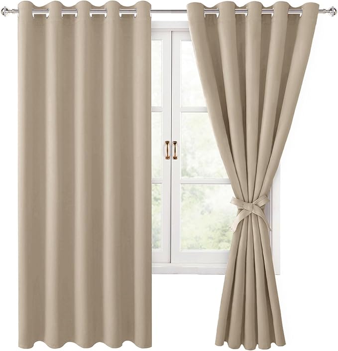 Hiasan Blackout Curtains for Bedroom, 60 x 63 Inches Length - Thermal Insulated & Light Blocking Window Curtains for Living Room, 2 Drape Panels Sewn with Tiebacks, Taupe