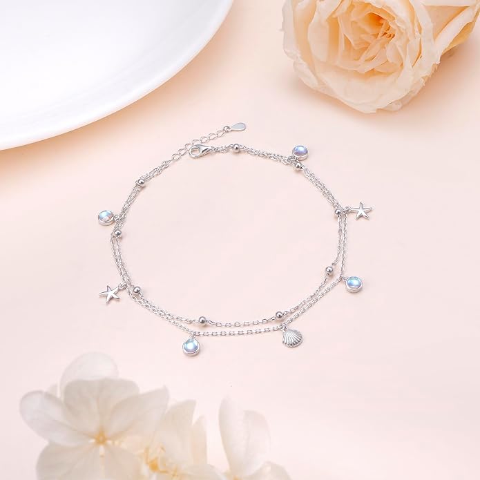 Ladytree S925 Sterling Silver Boho Beach Double Layer Anklets Bracelet for Women Adjustable 9 to 11 inches