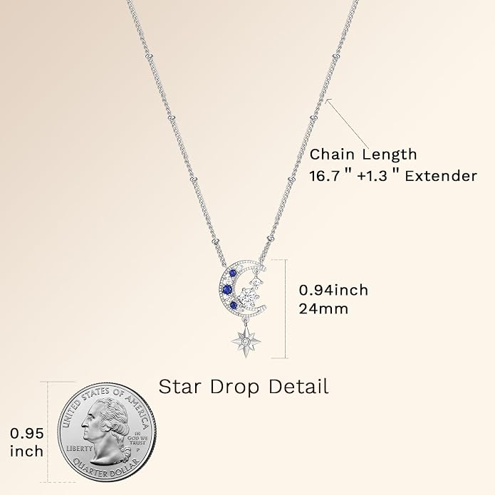 Miss mimi CZ Pendant Necklace, Golden Yellow Princess Cut or Crescent Moon, 18K Gold Plated, Adjustable 16” or 18 + 2”in Chain, Celestial & November Birthstone Citrine Style