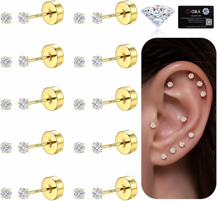 GEMQUEEN 6 Pairs 2-7mm Moissanite Earrings Studs 14K Gold Plated Stainless Steel Flat Back Earring for Women Men - Hypoallergenic Cartilage Helix Piercing Jewelry Brilliant Round Cut D Color VVS1 5.97CT