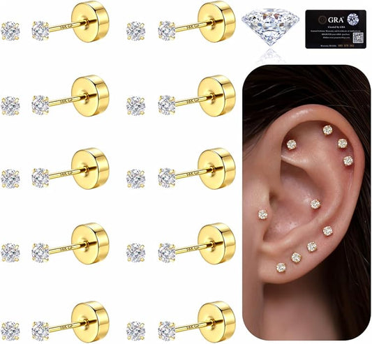 GEMQUEEN 6 Pairs 2-7mm Moissanite Earrings Studs 14K Gold Plated Stainless Steel Flat Back Earring for Women Men - Hypoallergenic Cartilage Helix Piercing Jewelry Brilliant Round Cut D Color VVS1 5.97CT