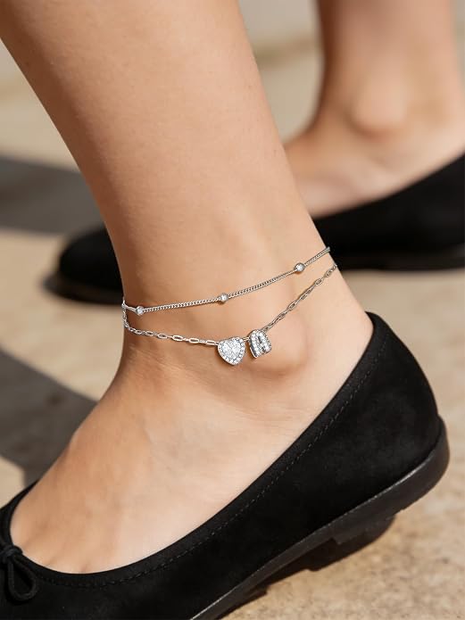 FindChic Silver/14K Gold Plated Layered CZ Initial Ankle Bracelet for Women | Waterproof Stainless Steel, Cubic Zirconia Letter Charm, Non-Tarnish, Hypoallergenic, Adjustable Extender, Summer Jewelry