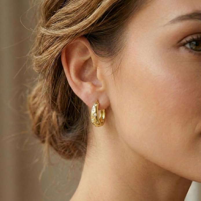 Gold Moon Star Earrings 14K Gold Earrings for Women 20mm Chunky Celestial Huggie Hoop Earrings Jewelry Gift for Girlfriend Mom