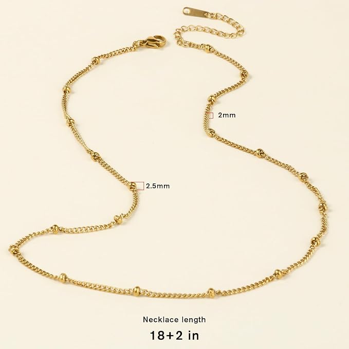 Cadikez 24PCS Gold Satellite Chain Necklace Bulk, 2mm 18inch 18K Gold PVD Plated Stainless Steel Finished Beaded Curb Link Chains for Necklace Jewelry Making