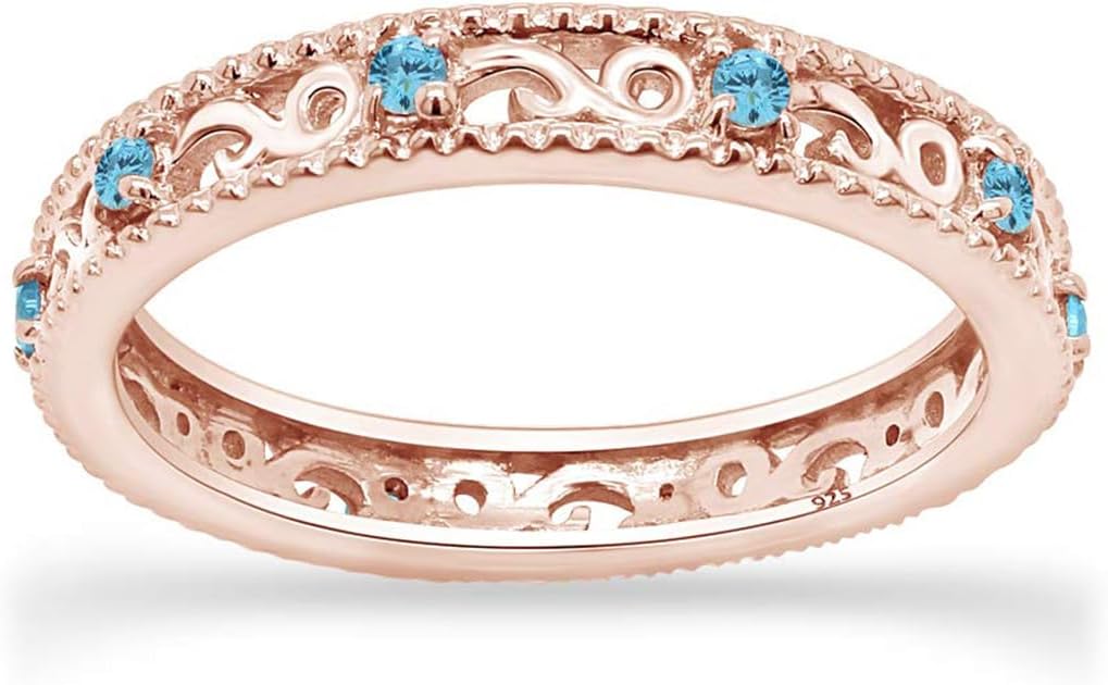 Jewel Zone US Filigree Eternity Wedding Band Ring for Women, Round Cut Simulated Gemstone Stackable Promise Ring in 14K Gold Plated 925 Sterling Silver Band Width 3.5mm – Elegant Jewelry for Her