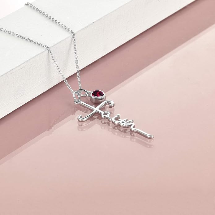 Faith Cross Necklace For Women Birthstone Sterling Silver with Simulated Birthstone Cross Jewelry Christian Gifts