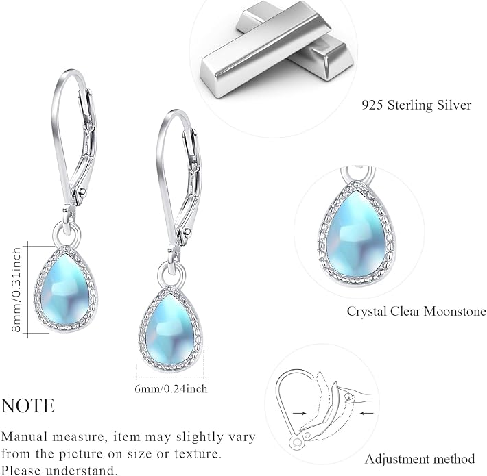 Teardrop Leverback Drop Dangly Earrings, 925 Sterling Silver with Opal/Moonstone Hypoallegenic for Sensitive Ears Jewelry Gift for Women Girlfriend with Gift Box