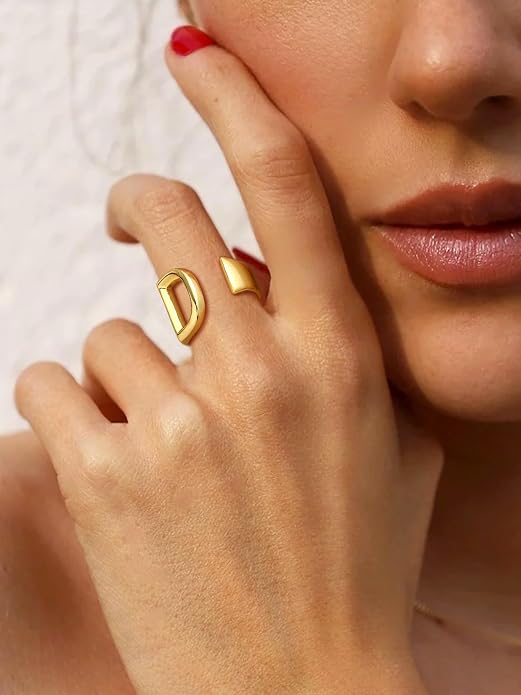 Suplight Nikel Free 18K Gold Plated Letter Rings, Fashion Monogram Jewelry Statement A-Z Wide Name Initial Alphabet Adjustable Open Ring for Women