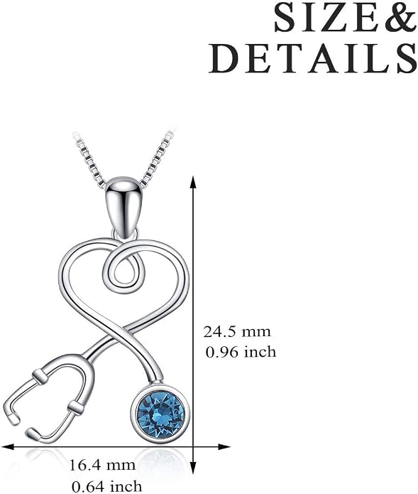 AOBOCO Stethoscope Necklace 925 Sterling Silver Embellished with 12 Months Birthstone Crystals from Austria, Graduation Gifts Medical Jewelry for Doctor Nurse Medical Student RN