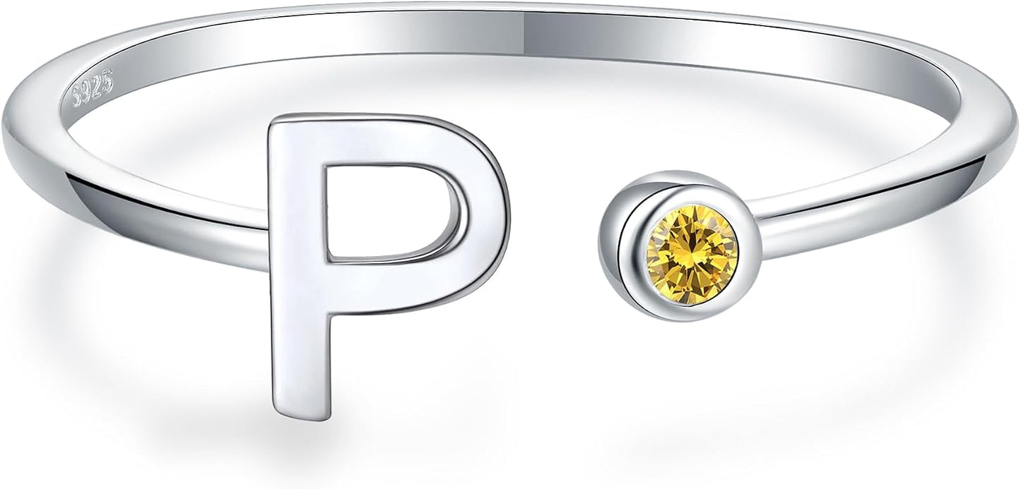 925 Sterling Silver Initial Letter Birthstone Rings for Women Adjustable 1-12 Month Birthstone Alphabet Stacking Ring for Teens Girls Stackable Birthstone Rings Birthday Jewelry Gift for Daughter Mom