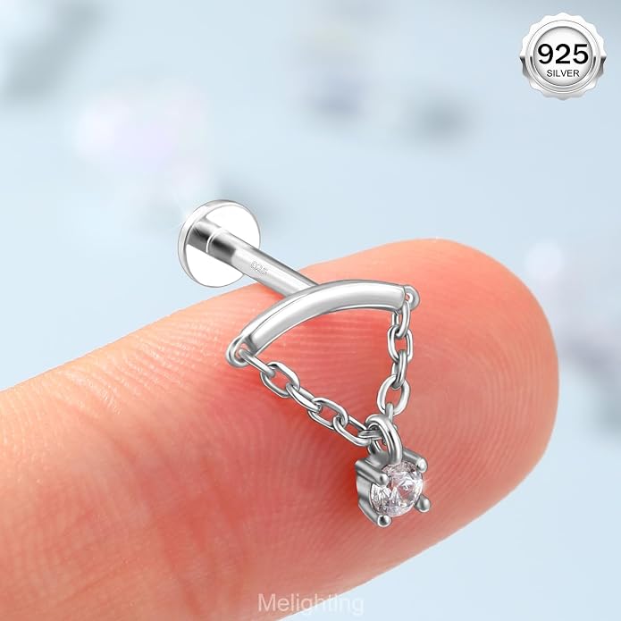 Melighting Sterling Silver 925 16G Cartilage Earring Internally Threaded Helix Earring Chain 16G Dangle 6/8 mm Tragus Piercing Jewelry Clear CZ Flat Back Earring