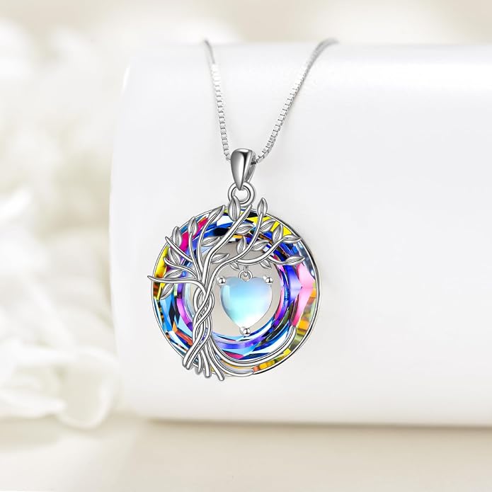POPLYKE Mothers Day Gifts for Mom Her Wife Tree of Life Necklace 925 Sterling Silver Birthstone Pendant with Crystal Anniversary Birthday Wedding Jewelry for Women