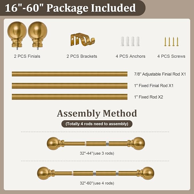 Modern Gold Curtain Rods for Windows 28 to 48 Inch 1" Diameter Adjustable | Heavy Duty Brass Window Curtain Rod with Metal Finials for Living Room Bedroom Farmhouse Kitchen Outdoor