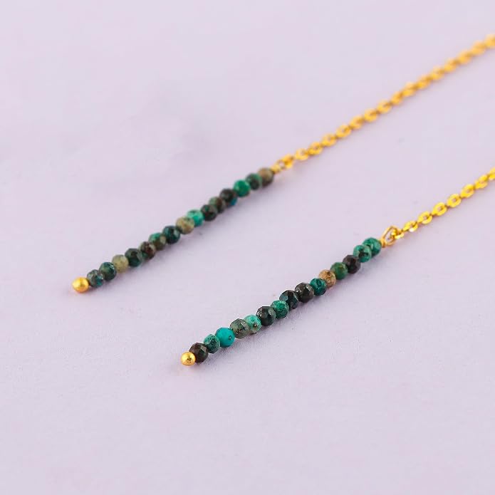 Natural Gemstone Threader Earrings for Women - Dainty 2mm Faceted Beads - Birthstone Crystal Drop Earrings - Silver Plated Healing Jewelry