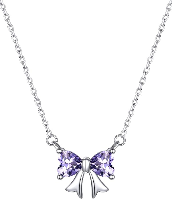 ChicSilver Bow and Cat Birthstone Necklace, 925 Sterling Silver Pendant Necklaces for Women, Hypoallergenic Silver Choker with 16 inch Rolo Chain, 12 Months Jewelry for Valentines Mothers Day Christmas