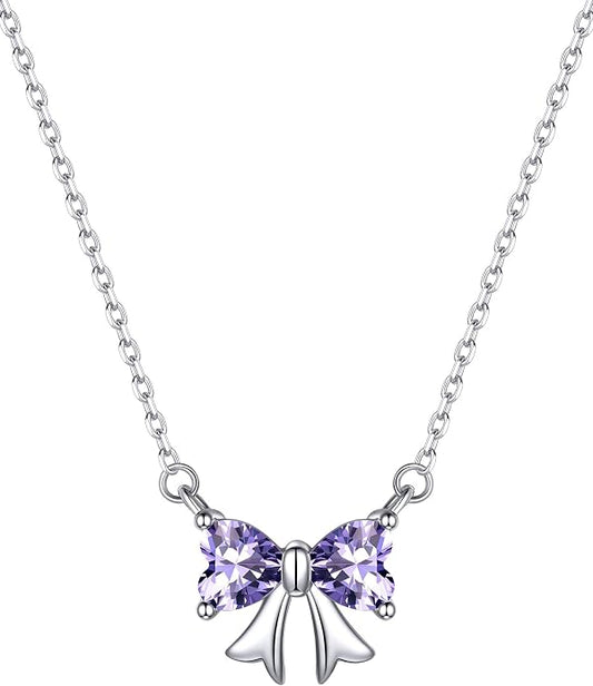 ChicSilver Bow and Cat Birthstone Necklace, 925 Sterling Silver Pendant Necklaces for Women, Hypoallergenic Silver Choker with 16 inch Rolo Chain, 12 Months Jewelry for Valentines Mothers Day Christmas