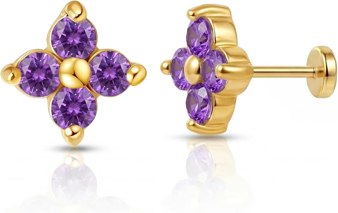 FANSING Short Threadless Cartilage Earring Stackable CZ Birthstone Flat Back Earrings for Women Small Stud Earrings for Tragus Helix Earlobe 18K Gold Plated ‌Rainbow 5.0mm